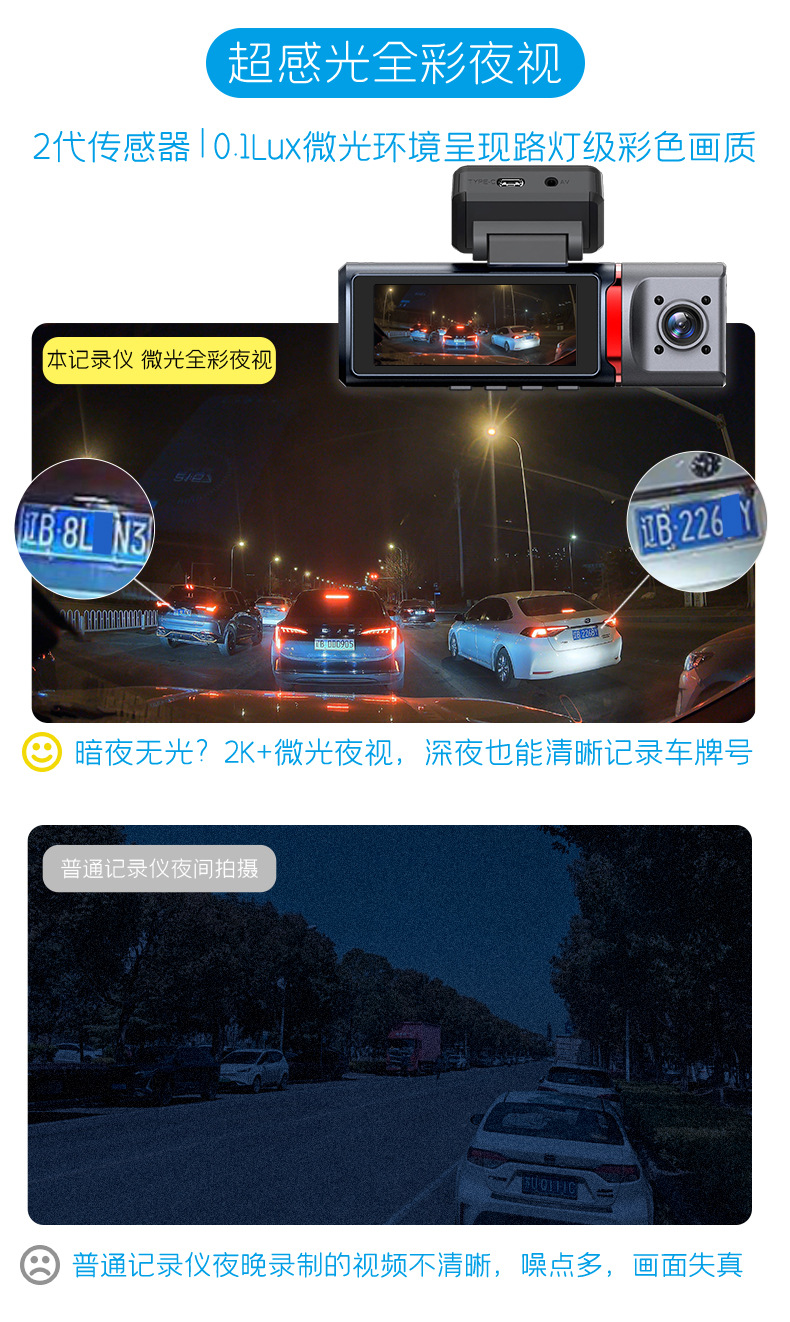 Cross-Border 4K High-Definition Night Vision 3.19inch Dash Cam with Three Lenses Recording Simultaneously from the Front, Inside the Car, and from the Rear, with Wifi