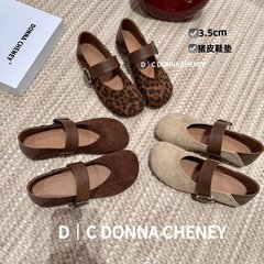 韩版圆头绒面一字带单鞋女2025新款秋季复古豹纹时髦玛丽珍小皮鞋
