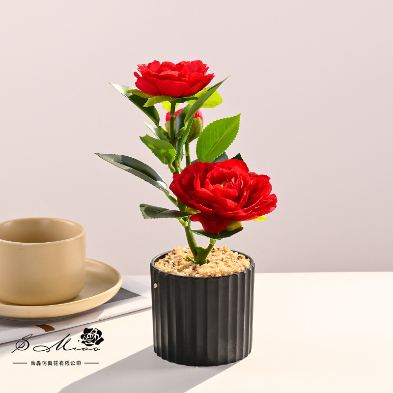 Bonsai pequeño de camelia de tres cabezas transfronterizo, flores de simulación creativa, decoración de estudio fotográfico para el hogar, plantas verdes artificiales, plantas en macetas de simulación image 4