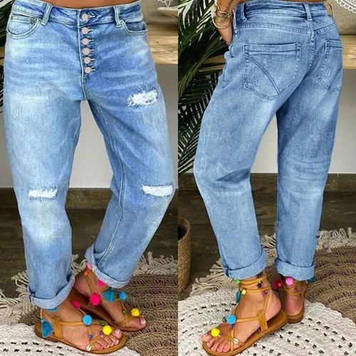 2025 European and American Cross-border New Blue Hole Jeans Women's Loose Straight Leg Casual Pants In Stock Denim Fabric