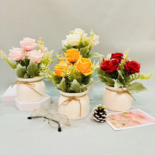 Three roses small flanged pot bonsai combination simulated plant potted Nordic style home desktop decoration ornaments