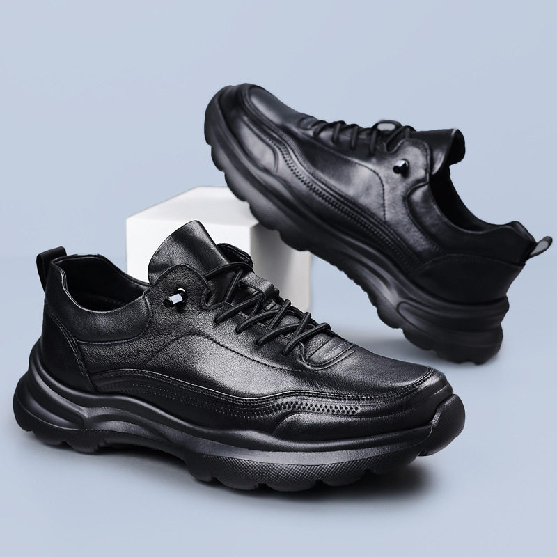 Giày sneaker nam da bò lớp đầu, đế xốp nhẹ, gót 3,5 cm — màu đen