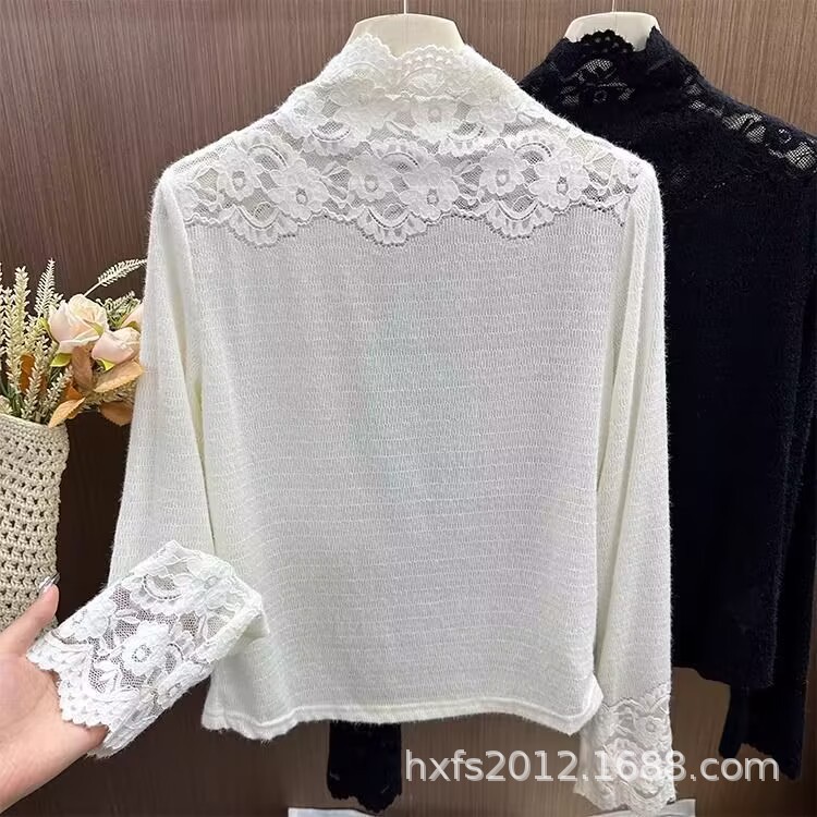 韓国系の高襟レースのフックの花の底のシャツの女性の秋冬の高級感は純色の中で名媛の風のネットの紗の上着のファッションを配合します。