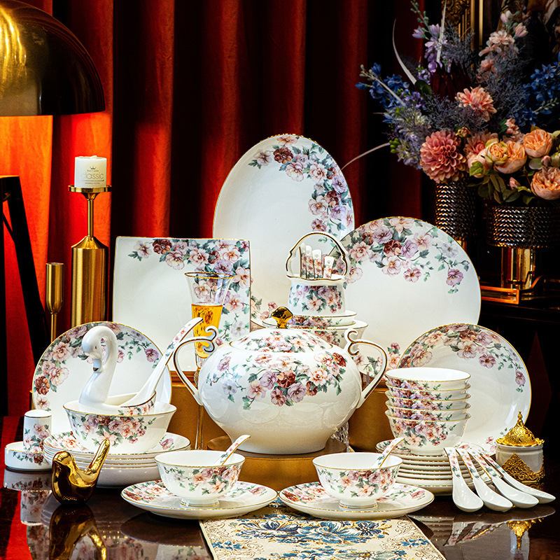 New Chinese-Style Home Tableware High-Temperature Healthy Bone China Bowls, Plates, and Spoons Gift Set Expensive Tableware with Gold-Trimmed Spring Color Begonia New Chinese-Style Home Tableware High-Temperature Healthy Bone China Bowls, Plates, and Spoons Gift Set Expensive Tableware with Gold-Trimmed Spring Color Begonia