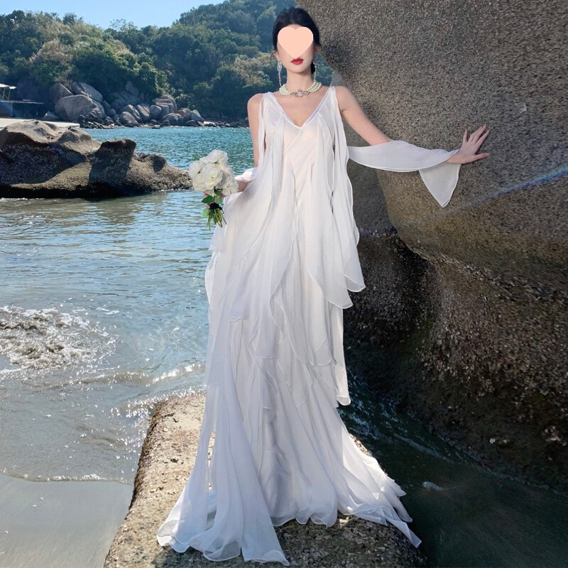 Peony Heavy Industry Layered Ruffle Dress, Flowing Morning Robe, Daily Casual Dress, Vacation Dress, Two-Piece Set, White Peony Heavy Industry Layered Ruffle Dress, Flowing Morning Robe, Daily Casual Dress, Vacation Dress, Two-Piece Set, White