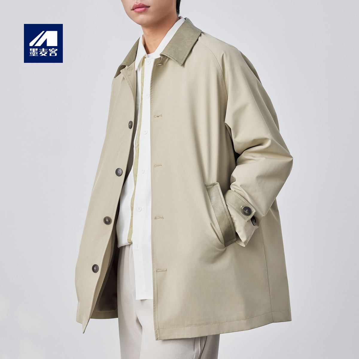 墨麦客男装简约翻领中长款风衣男2025春新款pu拼接男士外套80999