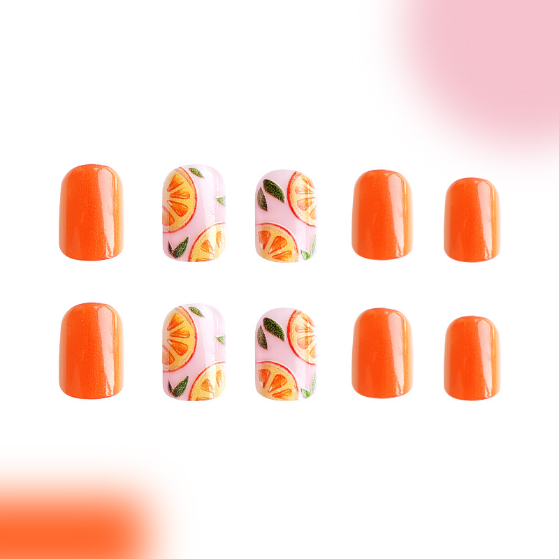 Unghie corte quadrate inizio primavera colore di contrasto arancione fresco semplice fresco dolce primavera commercio estero indossare unghie bellezza unghie pezzo unghie 24 pezzi_voghion.com