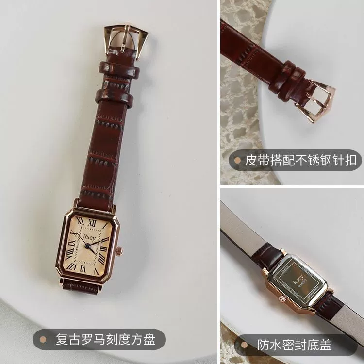 Quartz watch Swiss style, square retro dial, small dial, genuine leather strap
