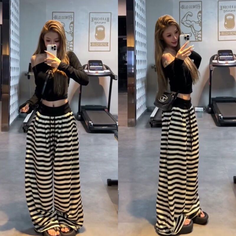Early Autumn Pure Desire Style Spicy Girl Off-Shoulder Short Long-Sleeve Top + High-Waisted Striped Drawstring Wide-Leg Pants Petite Set Trendy Early Autumn Pure Desire Style Spicy Girl Off-Shoulder Short Long-Sleeve Top + High-Waisted Striped Drawstring Wide-Leg Pants Petite Set Trendy