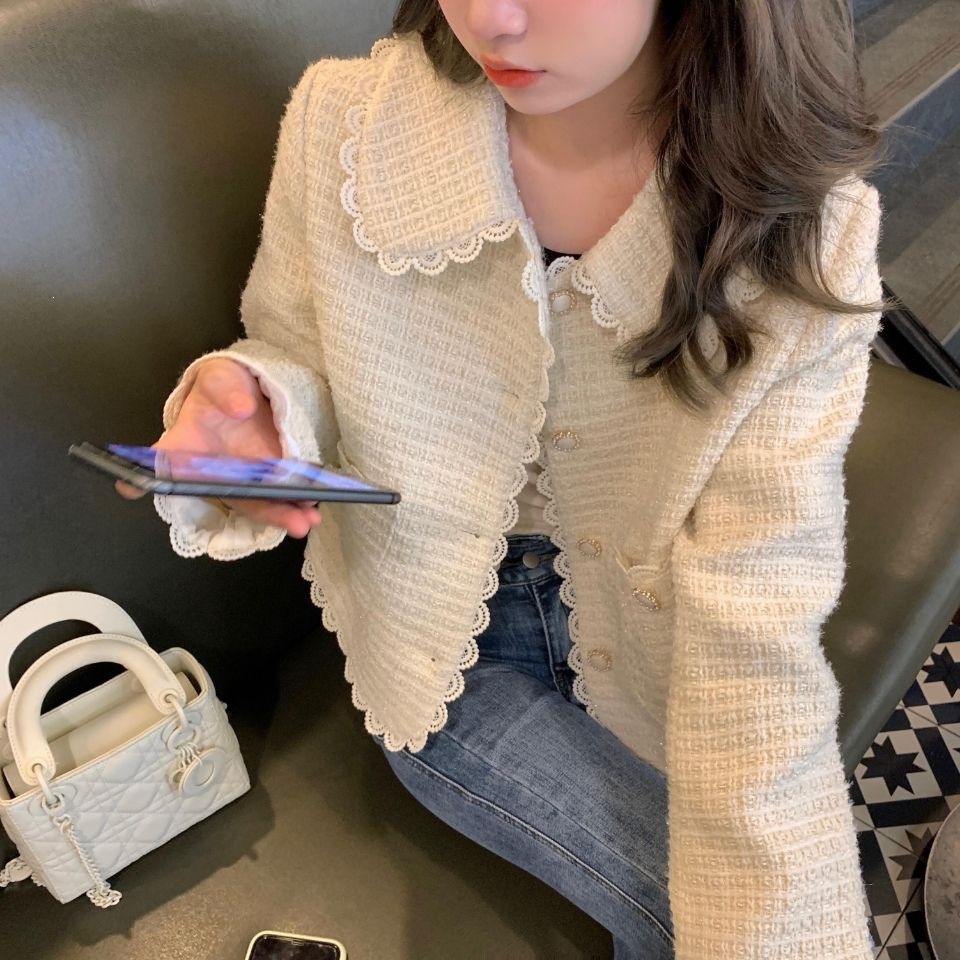 奶油温柔娃娃领短款小香风外套女2026秋款韩版小个子气质编织上衣