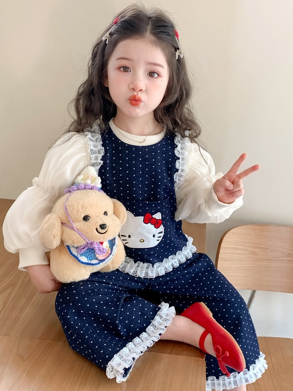 女童波点花边三件套春秋款2025新款洋气女宝宝秋季卡通马甲上衣潮|undefined