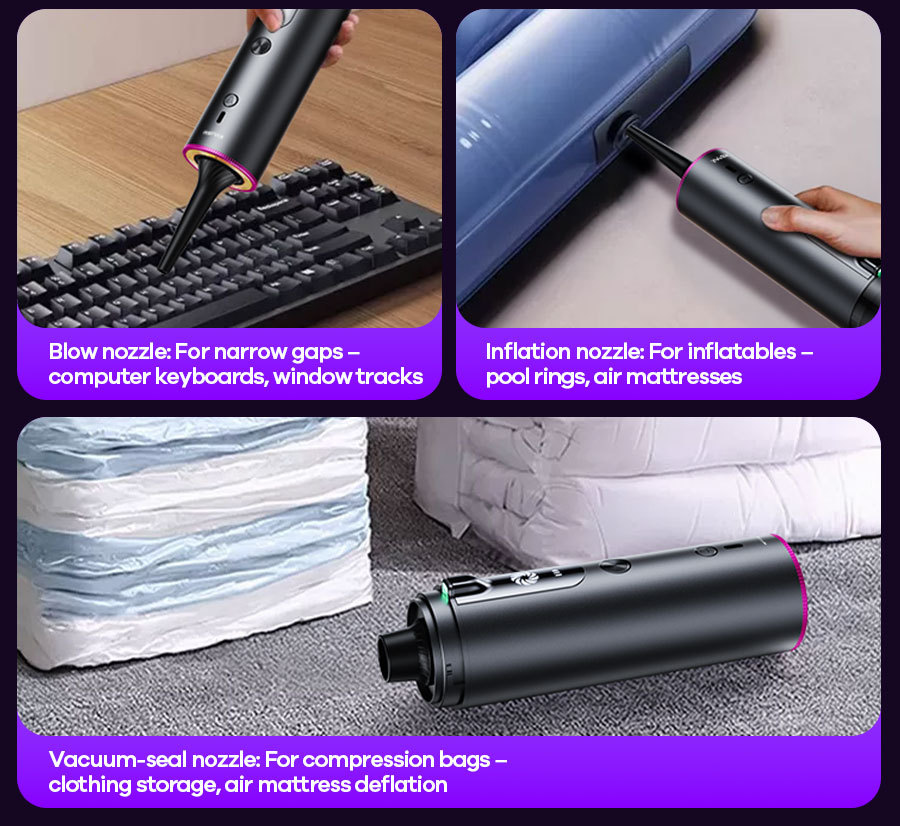 REMAX Rui Liang car-mounted, cordless, brushless vacuum cleaner with integrated blowing and suction functions, featuring a built-in light and long battery life for convenient portability
