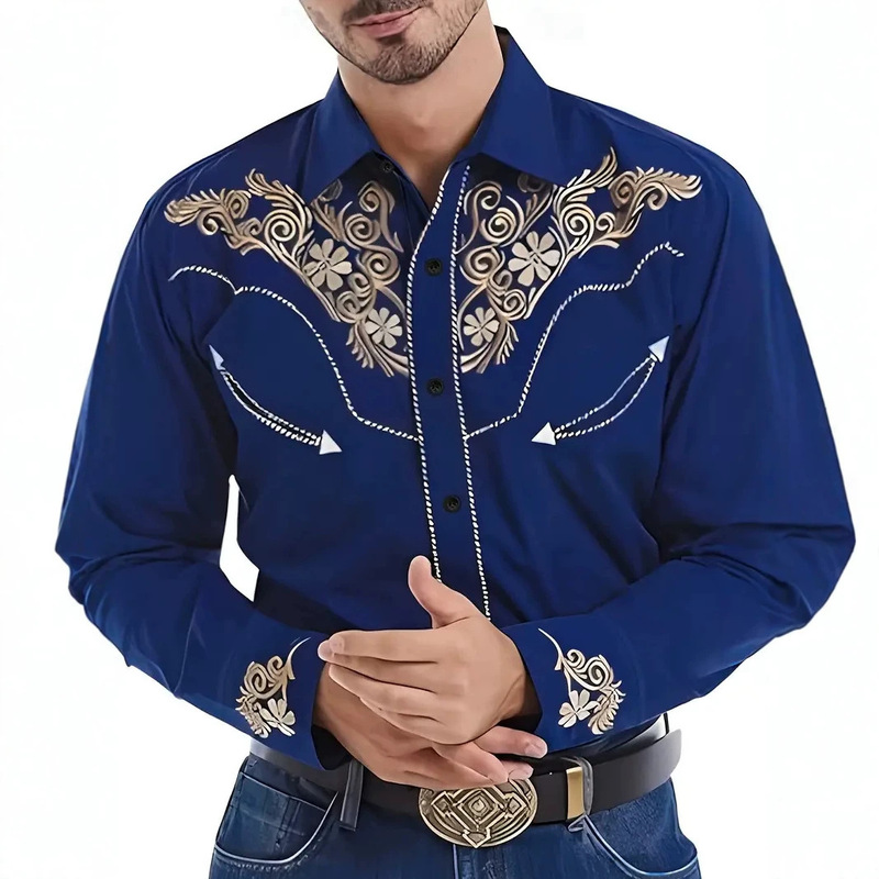 Vintage Western Men's Long-Sleeve Shirt Floral Print Slim Fit Shirt Foreign Trade European Size Supply Cross-Border Factory Wholesale