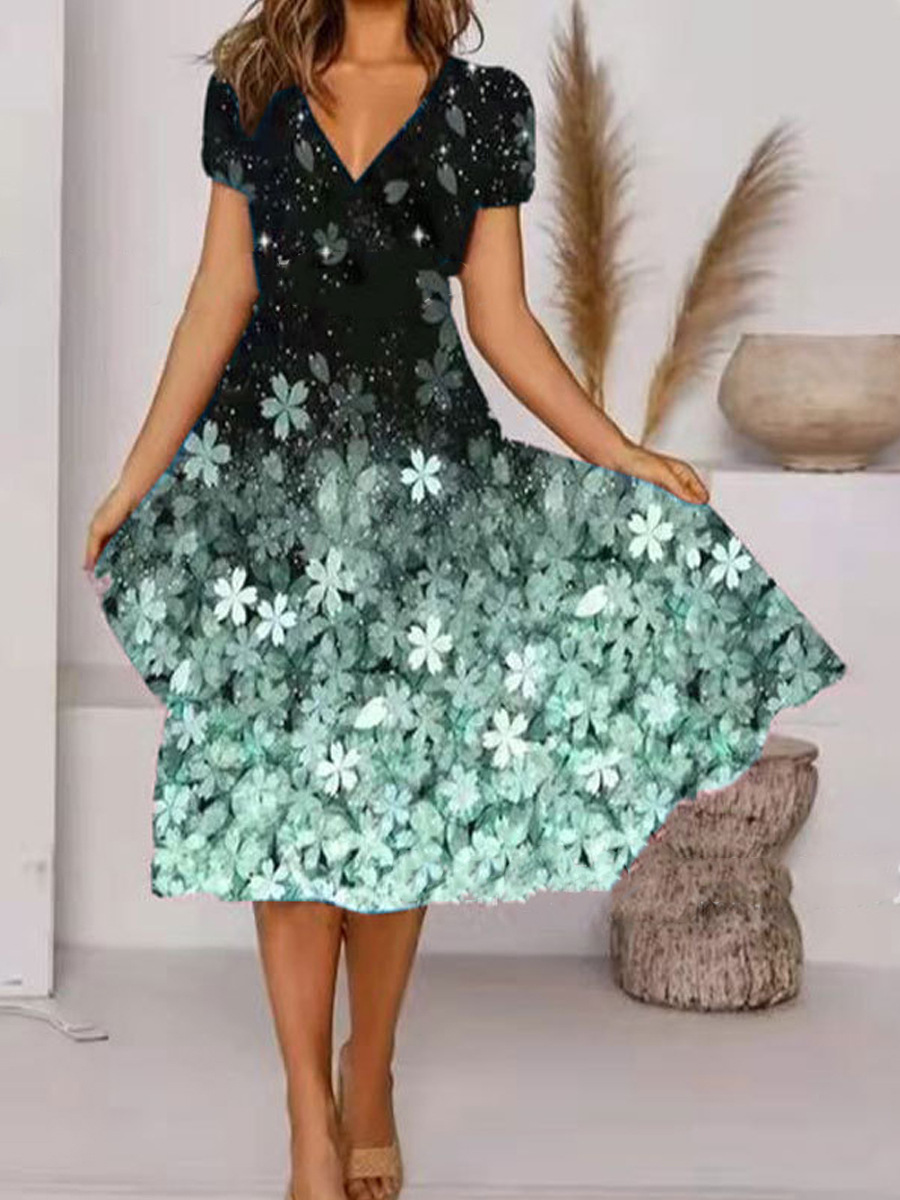 short-sleeved large swing v neck flower print dress NSFH130989