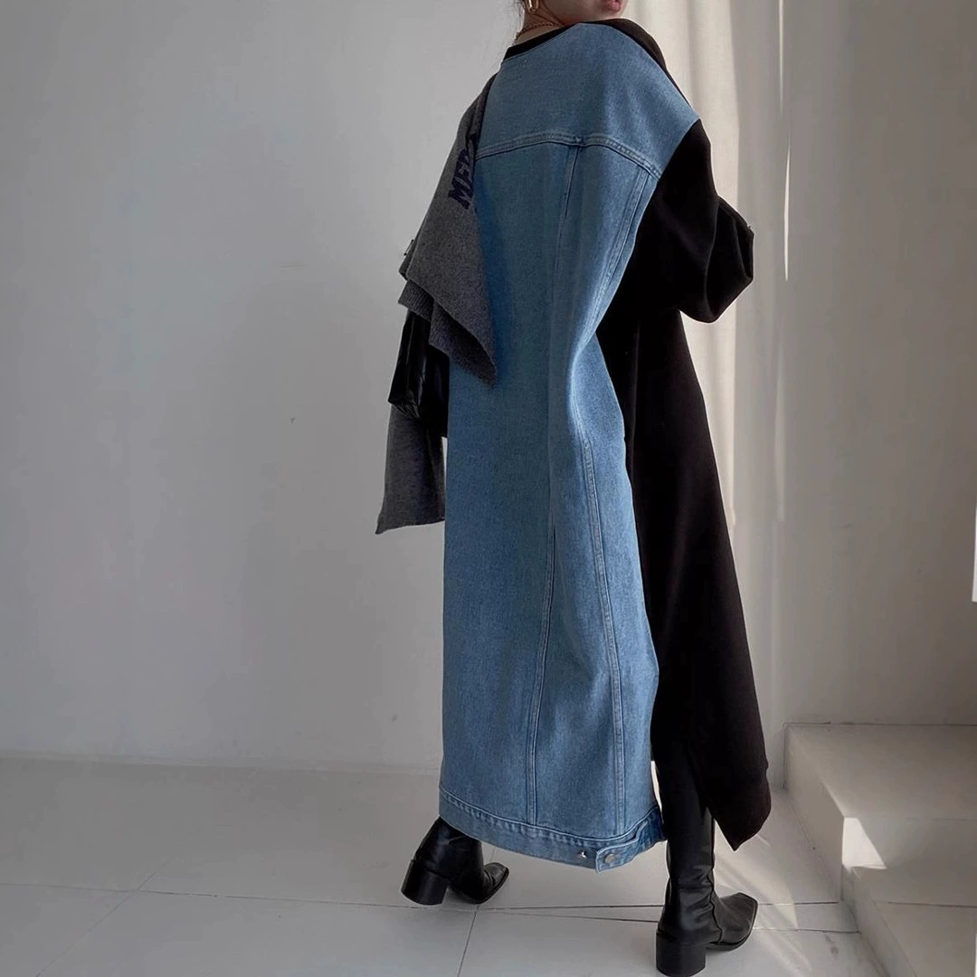 Южная Корея Dongdaemun шикарное повседневное универсальное платье-толстовка с длинным рукавом и джинсовым принтом в стиле пэчворк