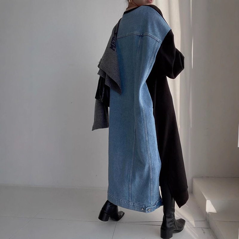 Korean Dongdaemun Ins Casual Versatile Letter Print Patchwork Denim Design Loose Long-Sleeve Sweatshirt Dress