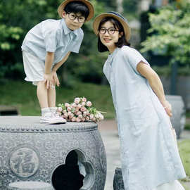 高端情侣装夏季条纹短袖衬衣母女装韩系亲子装宽松度假休闲家庭装