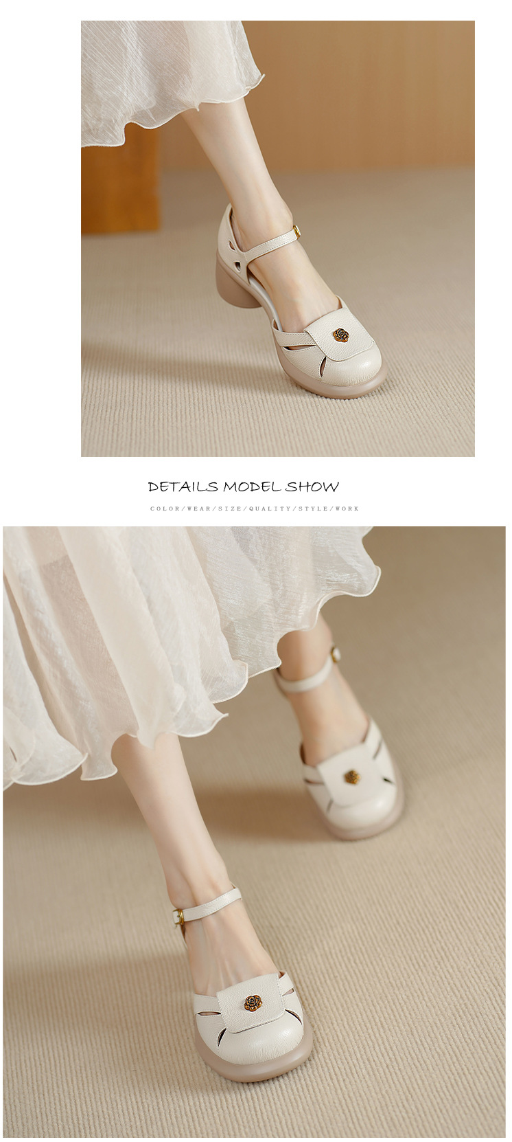 Sandal nữ đế dày 5cm gót hoa trà quai ngang khóa mũi — đen chi tiết 5