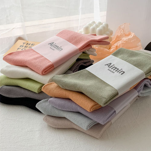 Socks women's mid-calf solid color cotton candy color postpartum socks thin Japanese style Korean version ins Chao Zhu cum Ai Min pile socks