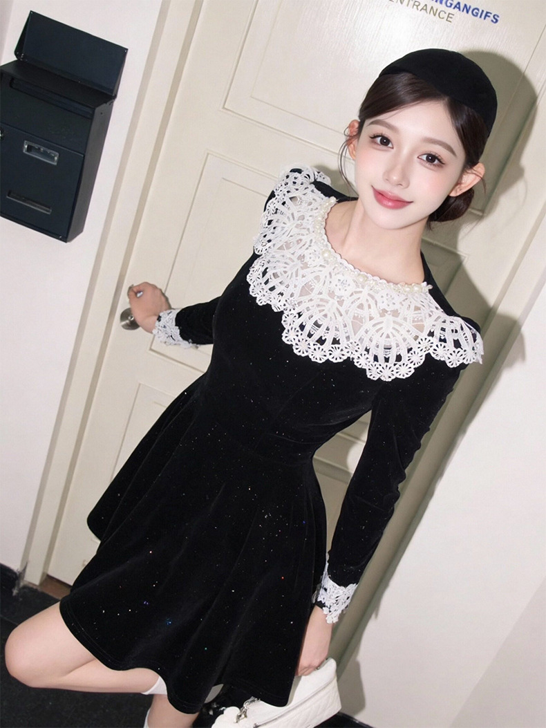 Đầm midi nhung A chữ cổ tròn ren hoa thắt eo — đen chi tiết 9