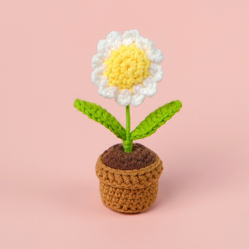 完成品クロスボーダー手作りウールかぎ針編み忘れなしひまわり模擬花鉢植えクリエイティブデスクトップ装飾品車の装飾造花|undefined