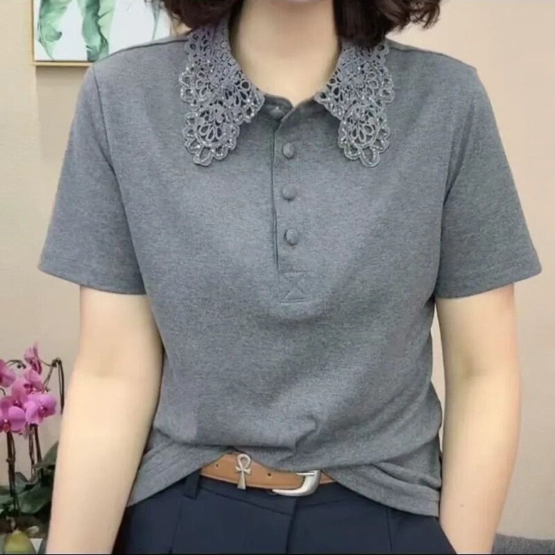 【091-1 # M-4Xl/3 Colors】Summer Lapel Short-Sleeved T-Shirt Lace Fashion Versatile Polo Shirt T-Shirt Top