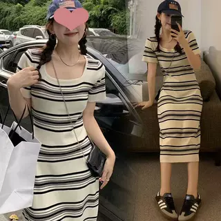 韩版条纹短袖针织连衣裙春夏新款修身休闲慵懒风中长款裙子毛衣女