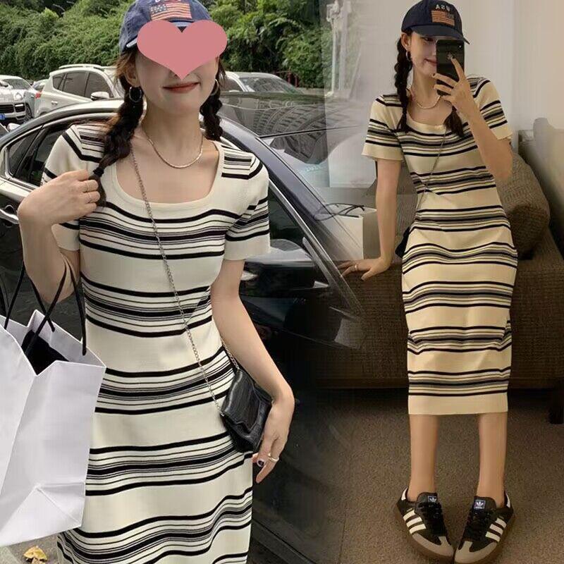 Korean style striped short sleeve knitted dress spring and summer new slim fit casual lazy style mid-length skirt sweater for women