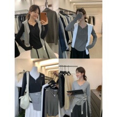 【MISS密思家】下摆弧形设计水滴领排扣显瘦弹力针织打底衫89037