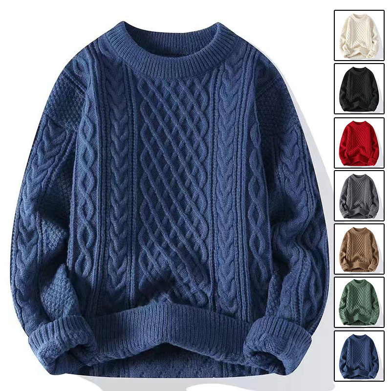 Autumn and Winter Inner Layering Knitwear Men's Pure Color Round Neck Thick Hemp Flower Jacket Knitwear Foreign Trade Cross-Border Wholesale