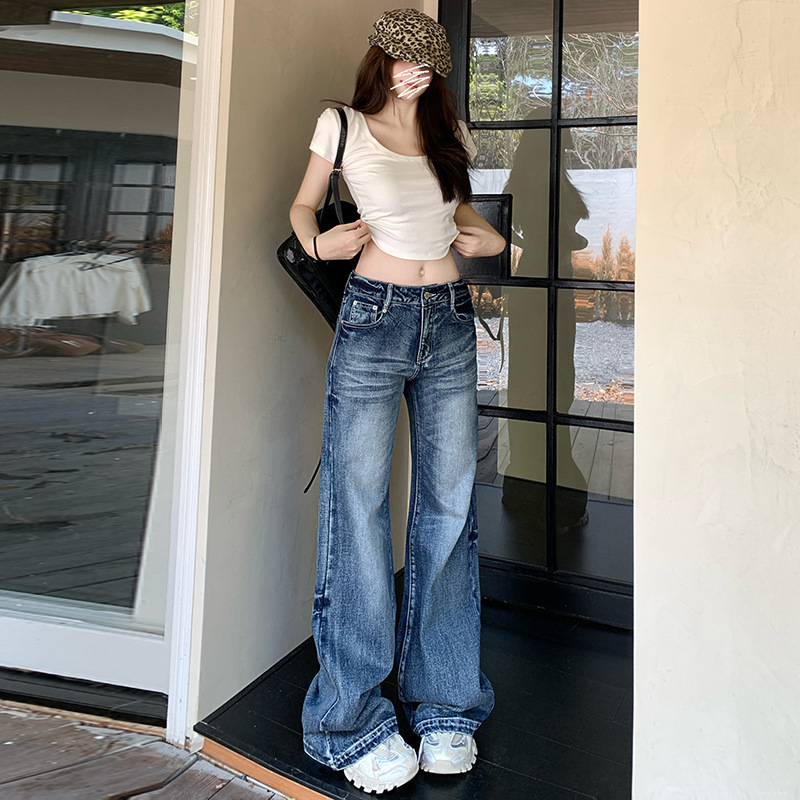 美式复古阔腿牛仔裤女秋季新款高腰水洗宽松不贴腿直筒微喇拖地裤|undefined