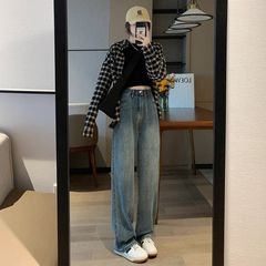 浅色阔腿牛仔裤女高腰秋季新款大码胖mm宽松显瘦梨形身材直筒裤子