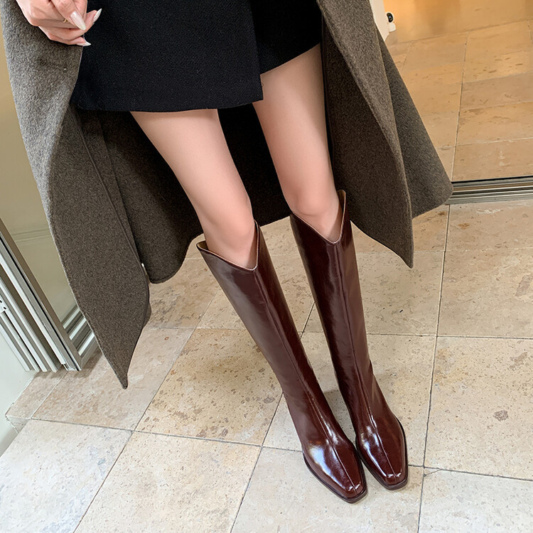 安可拉红v口真皮长靴显瘦粗跟长筒靴女秋冬加绒方头高筒骑士靴绒~