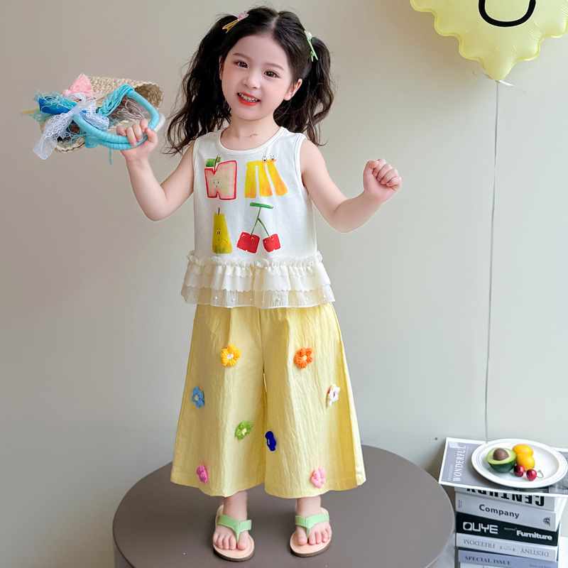 Girls' Lace Vest Suit Summer Baby Girl's Flower Wide-Leg Pants Summer Dress Little Girl's Fashionable Two-Piece Set