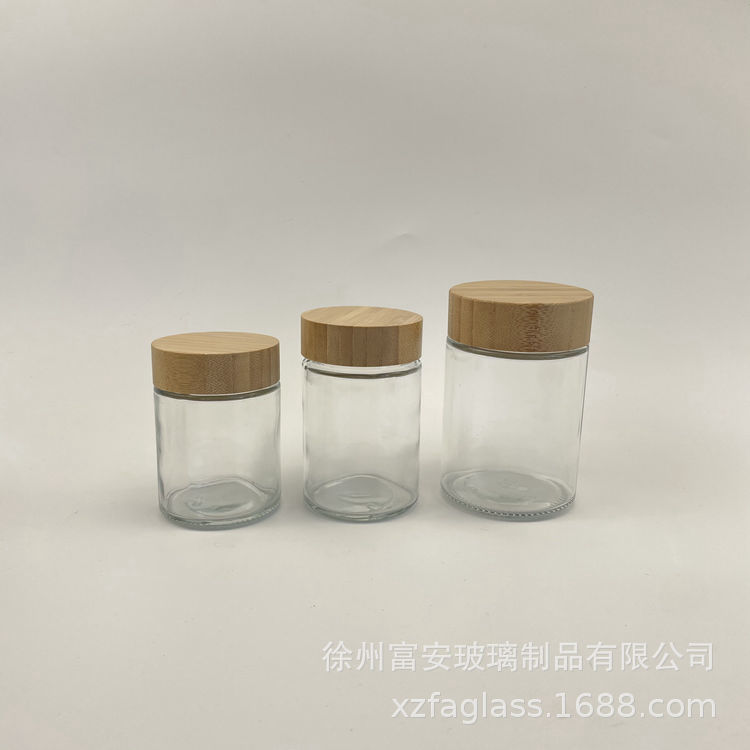 透明220ml玻璃竹木盖膏霜瓶内挑丝 圆形透明玻璃面霜瓶110ml