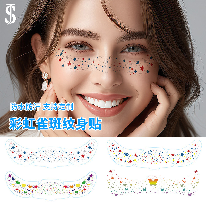 Cross-Border European and American Freckle Tattoo Stickers Rainbow Star Butterfly Face Stickers Makeup Waterproof Stickers Party Temporary Tattoos