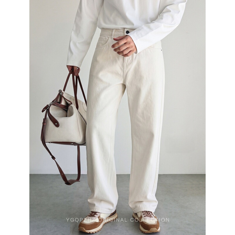 Ivory off-white high-thread-count twill combed cotton washed casual jeans for men, 2026 autumn loose straight-leg pants
