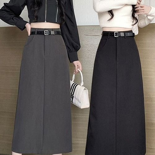 Women's Black Suit Skirt Spring and Autumn High-Waisted Slimming A-Line Skirt with Slits Elegant and Versatile