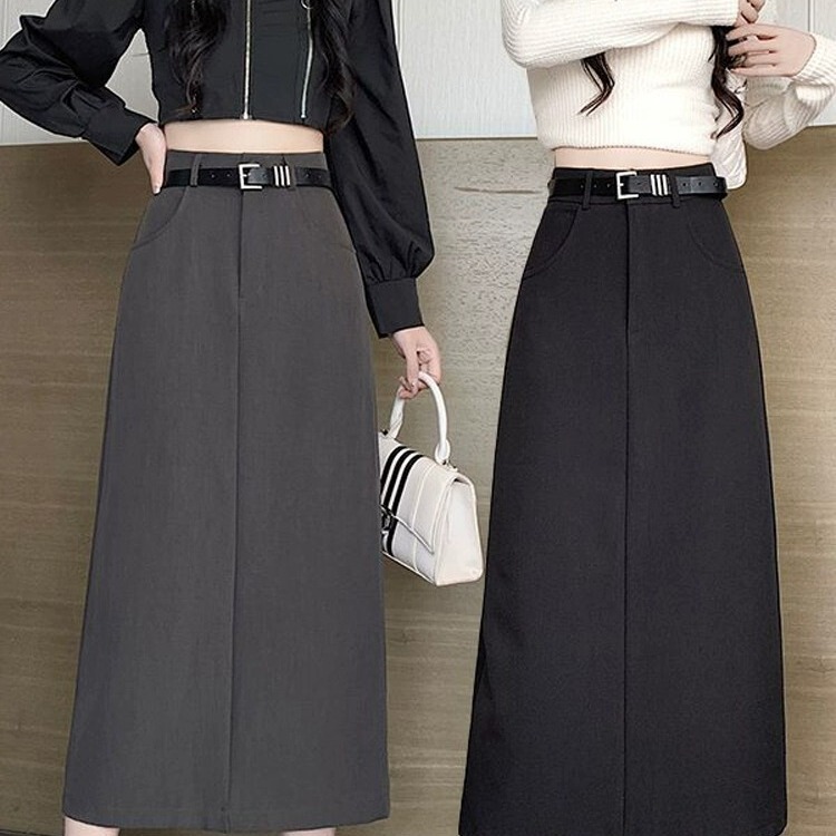Black Suit Skirt Women's 2024 New Spring and Autumn Hot High Waist Slimming A- line Split Elegant All-match Skirt