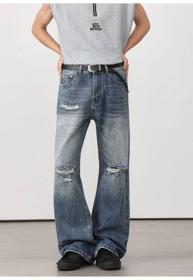 Quần jean nam ống loe nhẹ rách gối phong cách retro, dáng rộng ống suông tôn dáng, quần dài casual — Xanh nhạt, Xanh đậm chi tiết 17