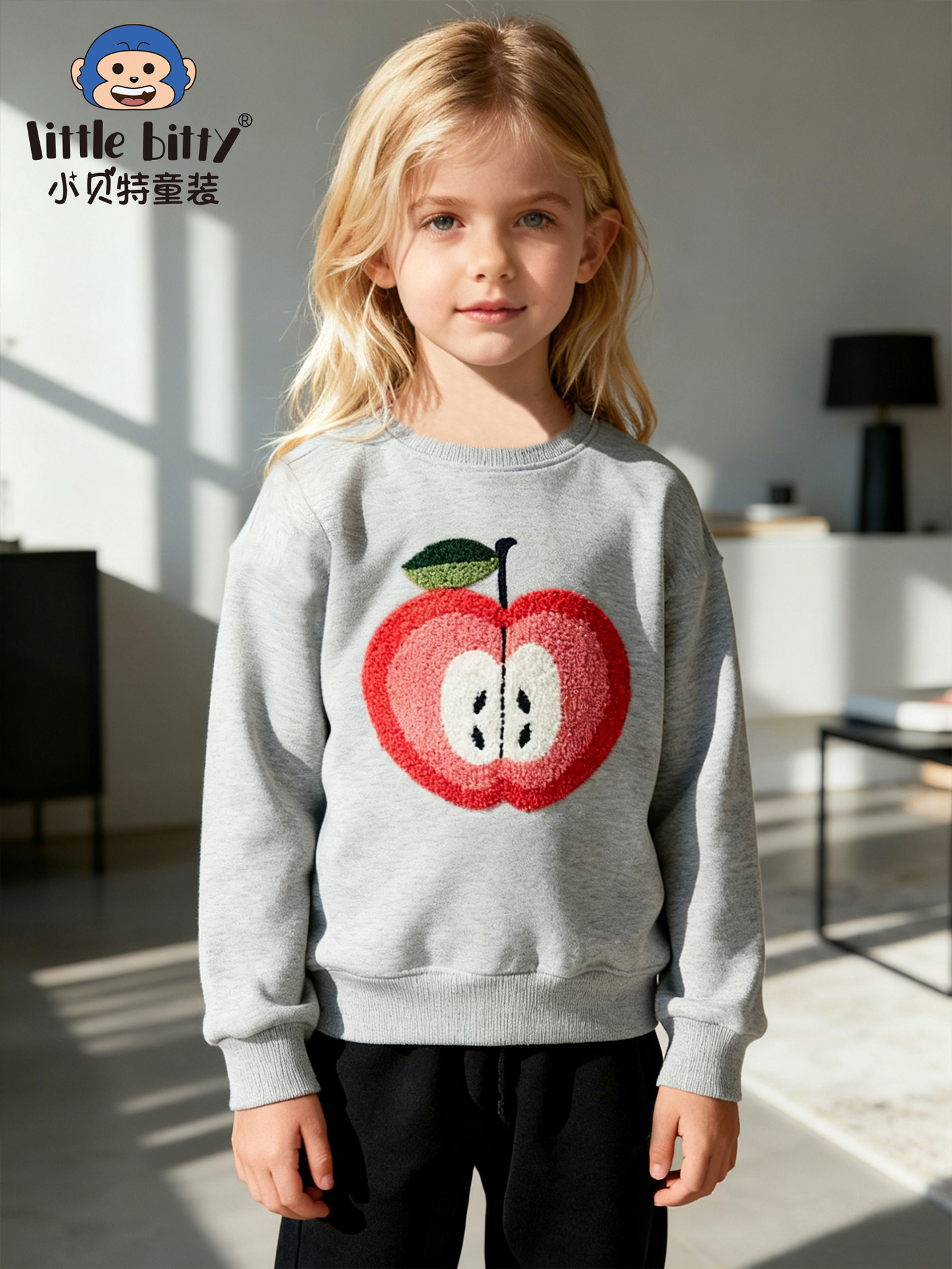 Cross-Border European and American Children's Clothing Autumn and Winter Long-Sleeved Sweatshirts with Cartoon Apple Towel Embroidery Patterns in Stock Wholesale