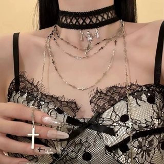 暗黑朋克十字架流苏项链女甜酷蕾丝项圈小众个性百搭锁骨链配饰潮