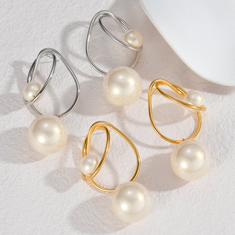 Stone-Free Inlay Material Drop Earrings Classification 1 Pair Elegant Classic Style Geometric 304 Stainless Steel Imitation Pearl Drop Earrings