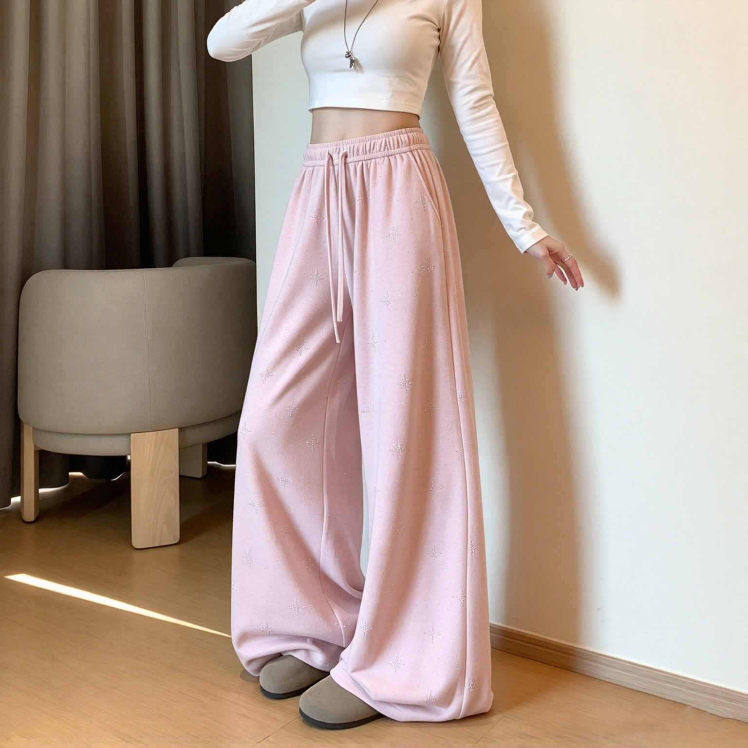 粉色烫钻运动裤女夏2026秋季新款裤子宽松慵懒高腰垂感宽松阔腿裤