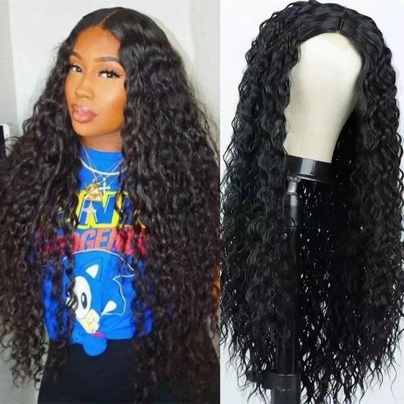European and American 2026 New Style Wigs for Women, Black Long Curly Hair with Middle Parting, Corn Wave African Small Curls, Synthetic Fiber Wig