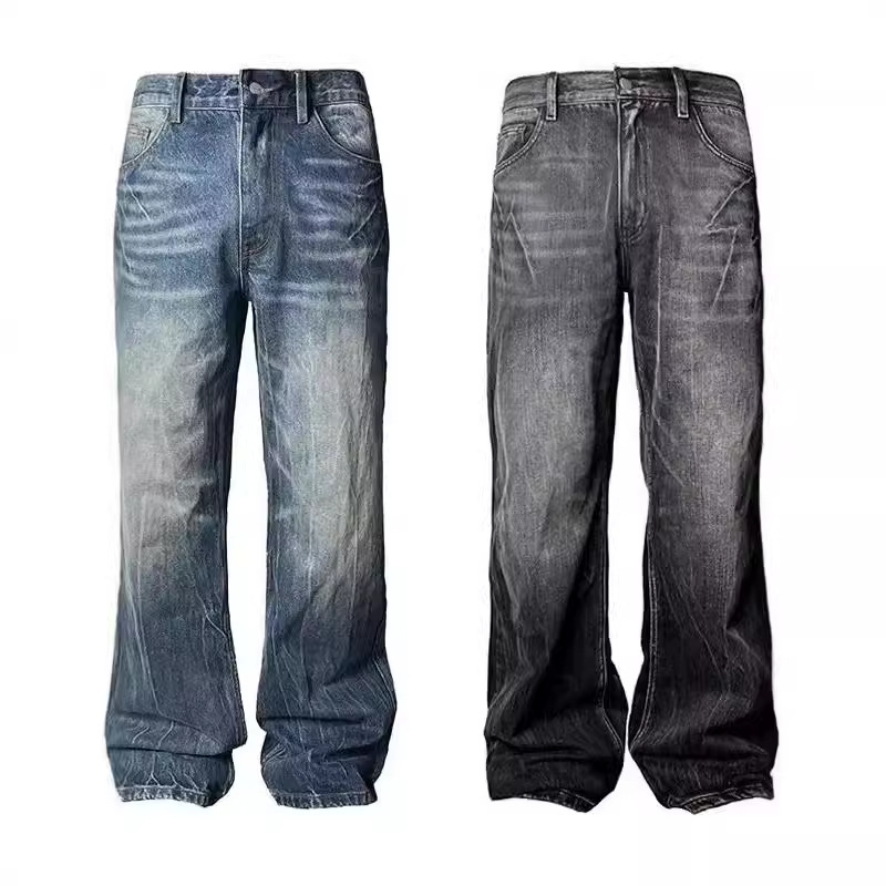 American Retro dark blue Lightning Crack Jeans Men's and Women's Loose Wide-leg Pants Washed Straight-leg Micro-pants