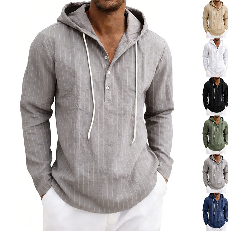 Cross-Border Spring American-Style Casual Men's Loose-Fitting Amazon Linen Vertical Striped Half-Open Drawstring Hooded Long-Sleeve Shirt