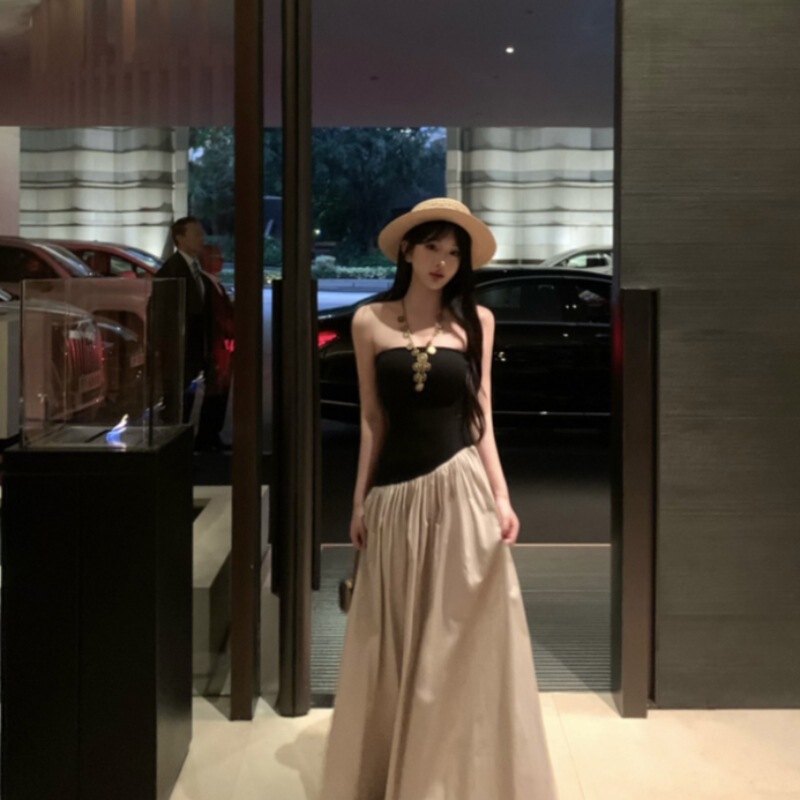 ZY718 Summer Asymmetrical Cut Color-Block Strapless Sleeveless Off-Shoulder Sexy Dress for Women, New Long Slim-Fit Vacation Dress ZY718 Summer Asymmetrical Cut Color-Block Strapless Sleeveless Off-Shoulder Sexy Dress for Women, New Long Slim-Fit Vacation Dress