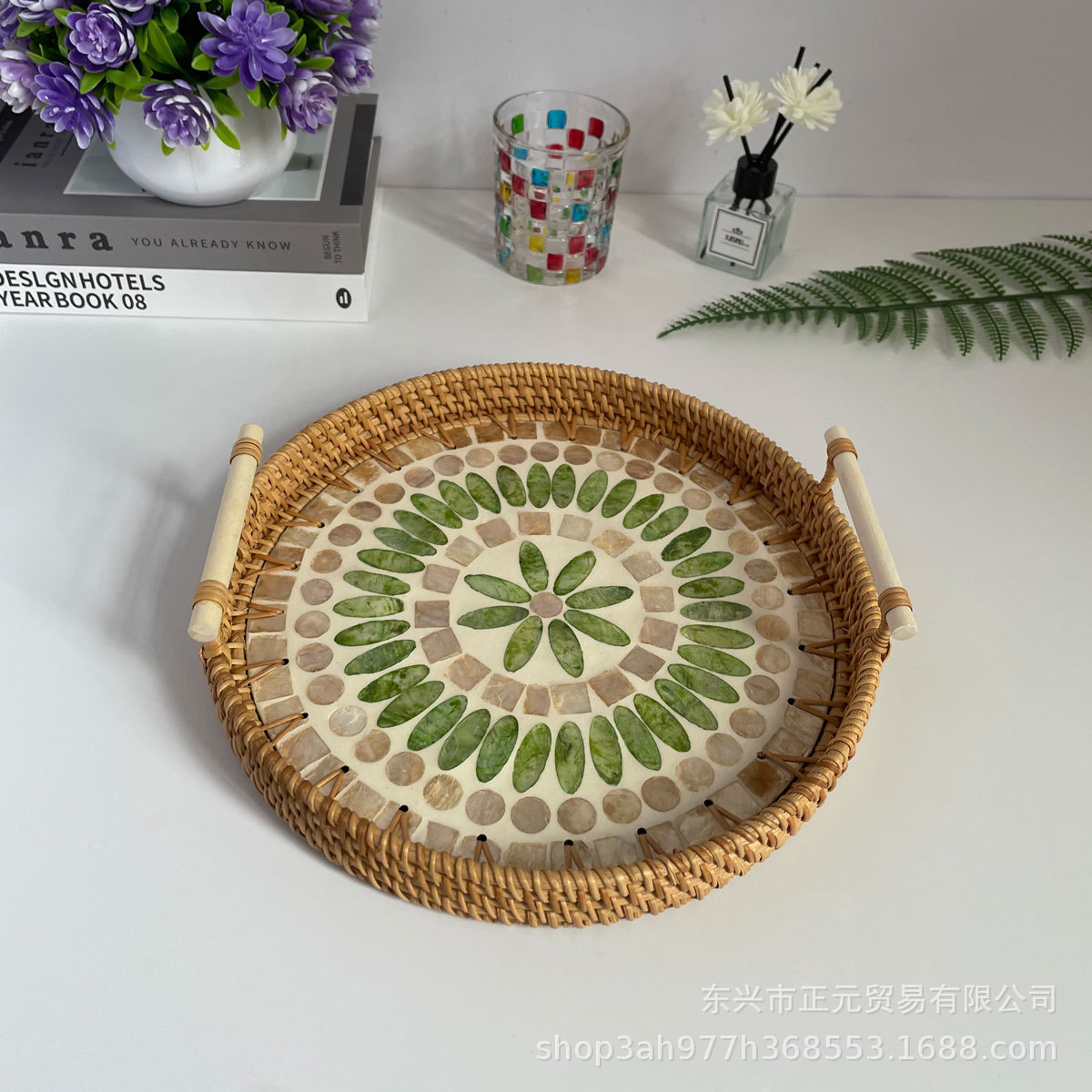 Vietnam ratán tejido Shell bandeja color Shell tejido merienda cesta de almacenamiento merienda bandeja fruta pan té bandeja