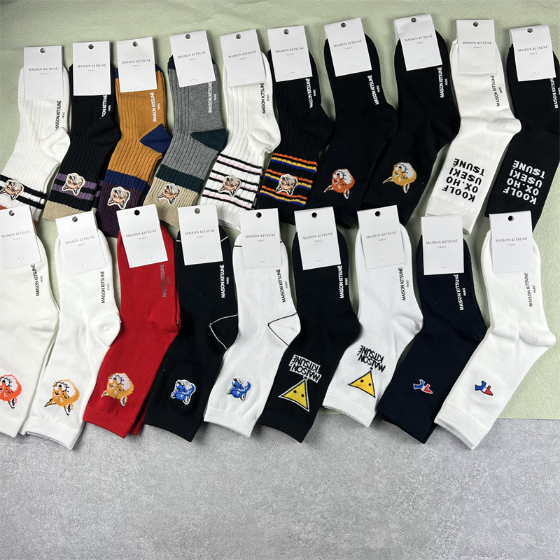 Autumn New Trendy French Embroidery Little Fox Double-Needle Color-Blocking Socks Street Casual Women's Socks Ins Dropshipping
